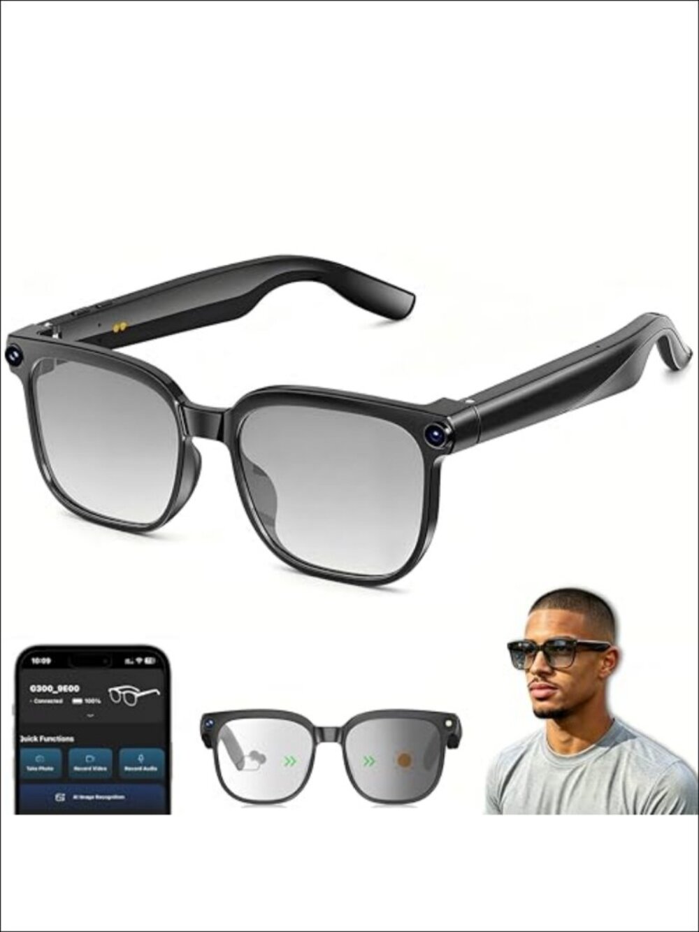 Smart Glasses with 8MP Camera, Bluetooth Audio, AI Assistant, Real-Time